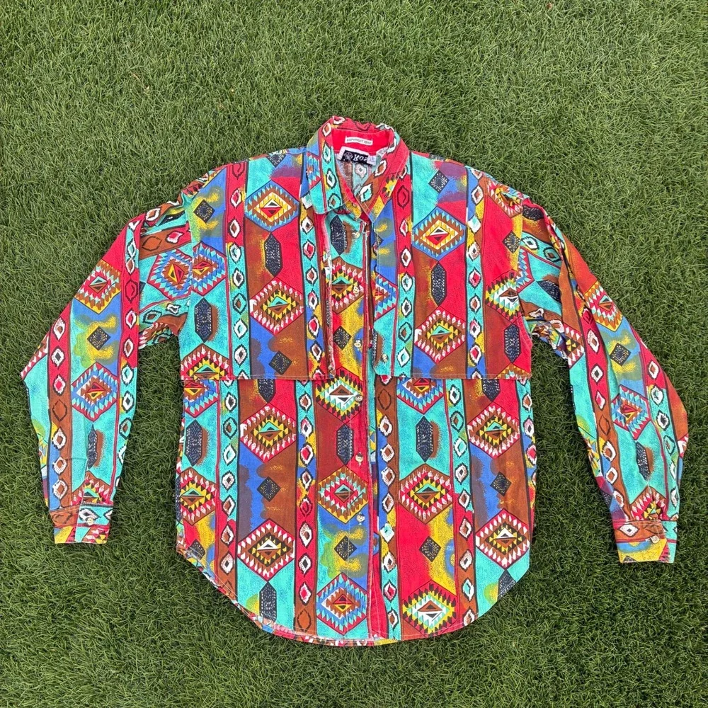 Vintage Adobe Rose Shirt Mens Small Multicolor Abstract Aztec Southwestern Rodeo